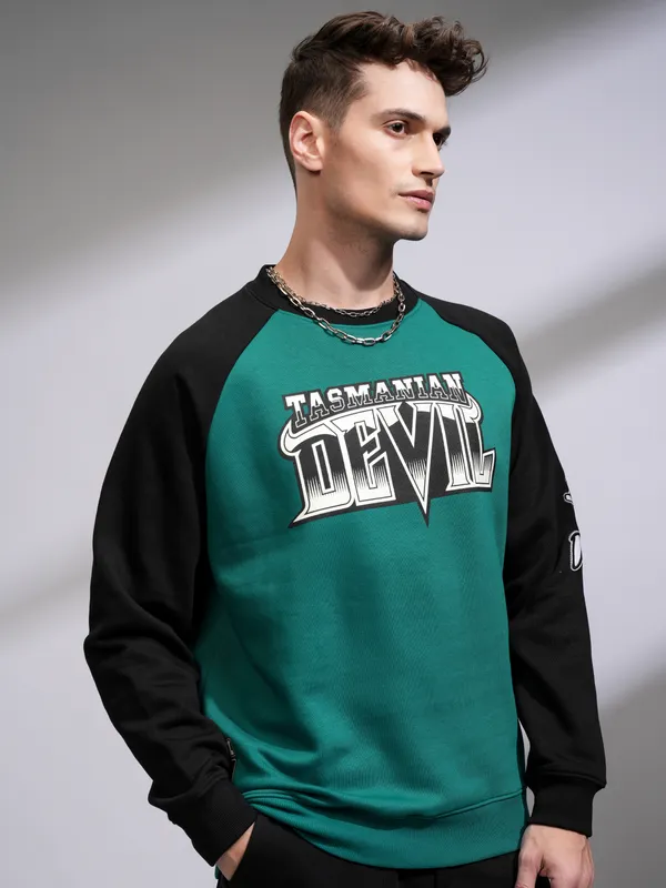 WB By Highlander Men Green Looney Tunes Round Neck Pullover Sweatshirt