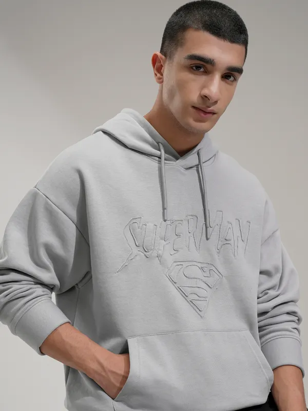 DC By Highlander Men Grey Superman Hooded Pullover Sweatshirt