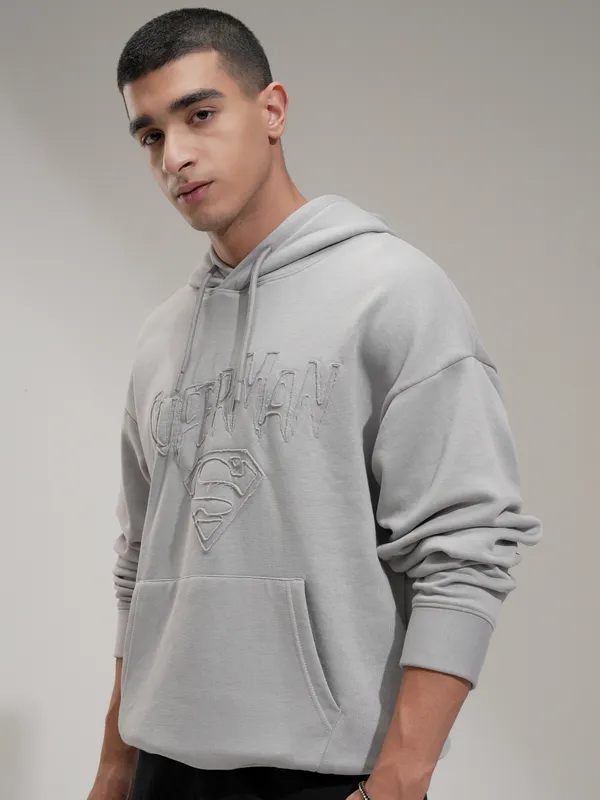 DC By Highlander Men Grey Superman Hooded Pullover Sweatshirt