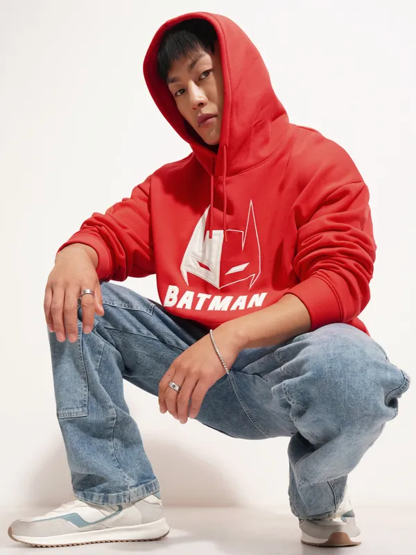 DC By Highlander Men Red Batman Hooded Pullover Sweatshirt