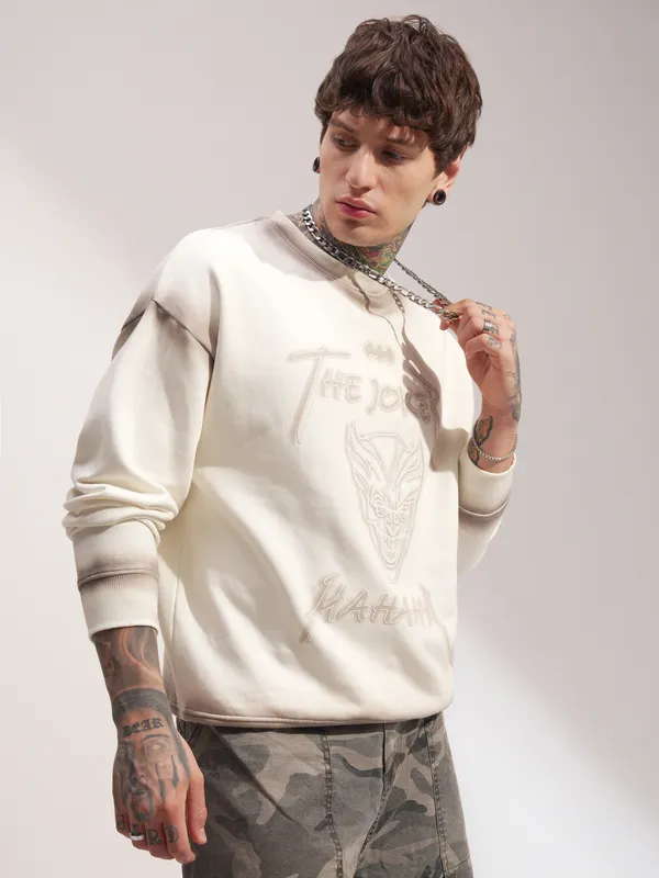 DC By Highlander Men Off White Batman Round Neck Pullover Sweatshirt