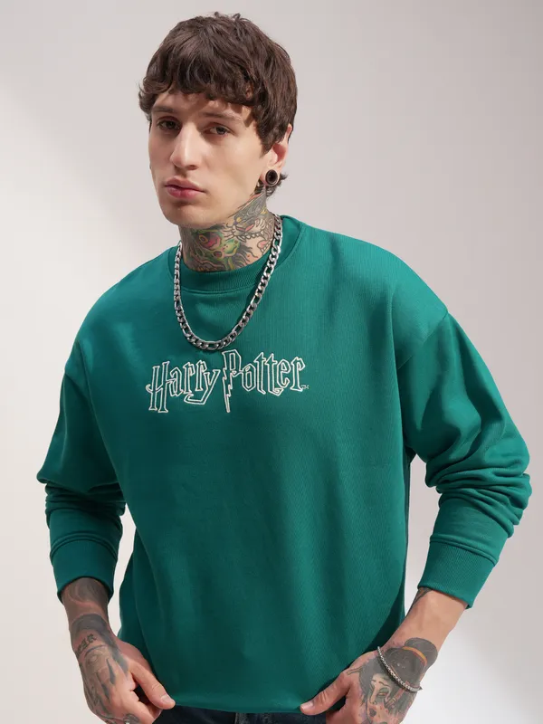 WB By Highlander Men Green Harry Potter Round Neck Pullover Sweatshirt