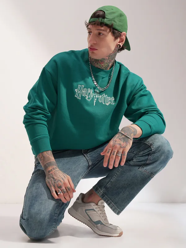 WB By Highlander Men Green Harry Potter Round Neck Pullover Sweatshirt