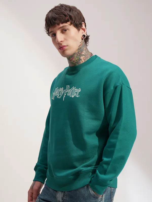 WB By Highlander Men Green Harry Potter Round Neck Pullover Sweatshirt