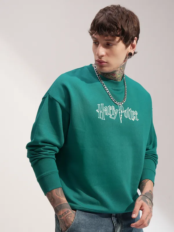 WB By Highlander Men Green Harry Potter Round Neck Pullover Sweatshirt