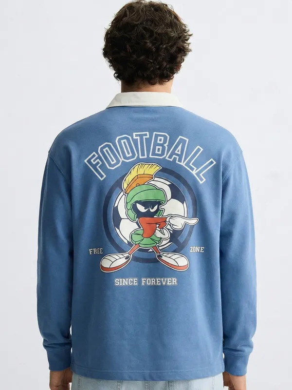 WB By Highlander Men Blue Looney Tunes Shirt Collar Pullover Sweatshirt