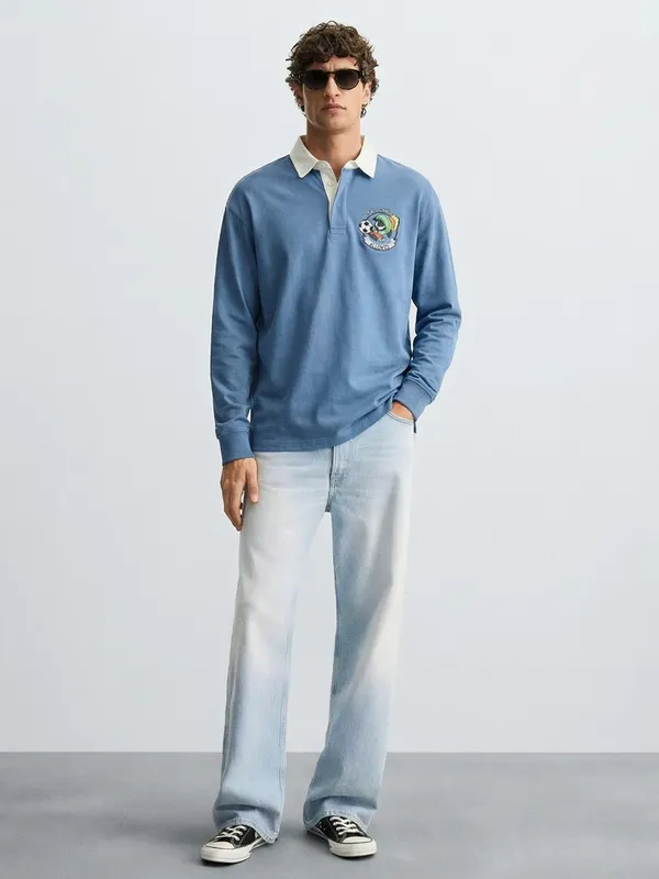 WB By Highlander Men Blue Looney Tunes Shirt Collar Pullover Sweatshirt