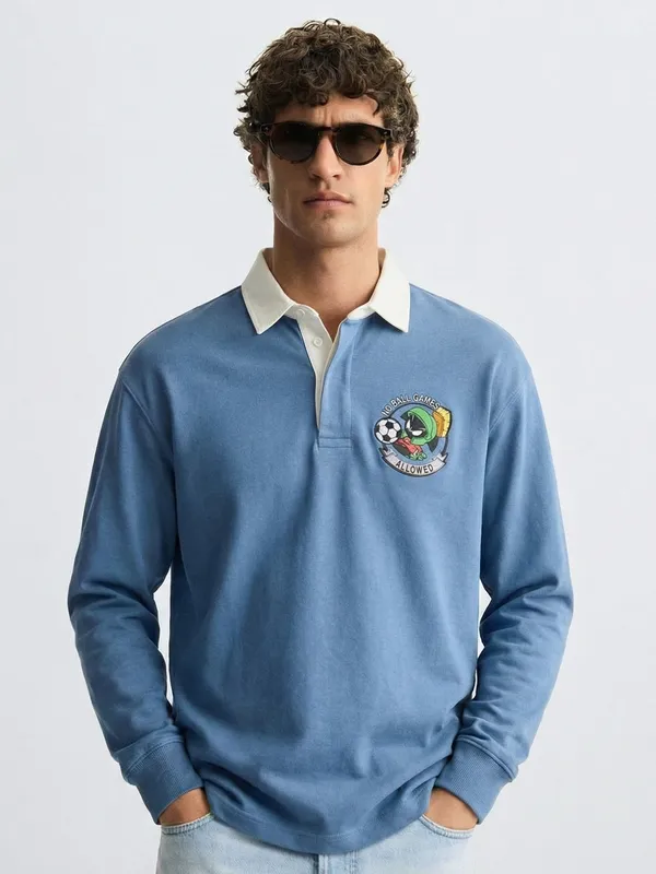 WB By Highlander Men Blue Looney Tunes Shirt Collar Pullover Sweatshirt