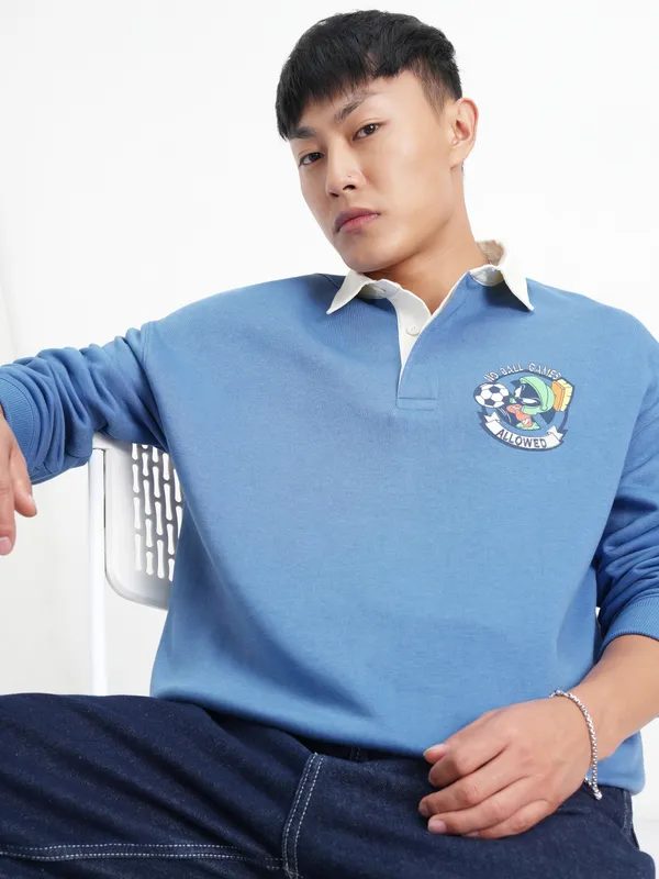 WB By Highlander Men Blue Looney Tunes Shirt Collar Pullover Sweatshirt