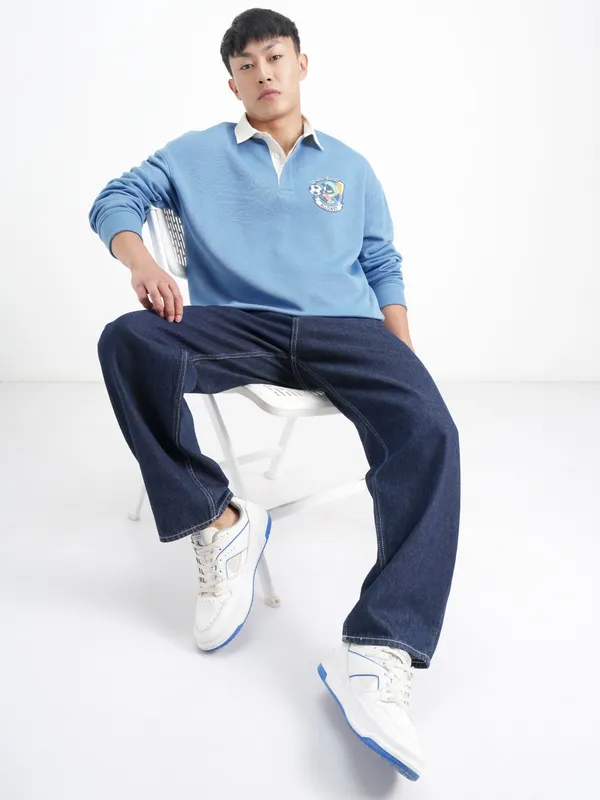 WB By Highlander Men Blue Looney Tunes Shirt Collar Pullover Sweatshirt