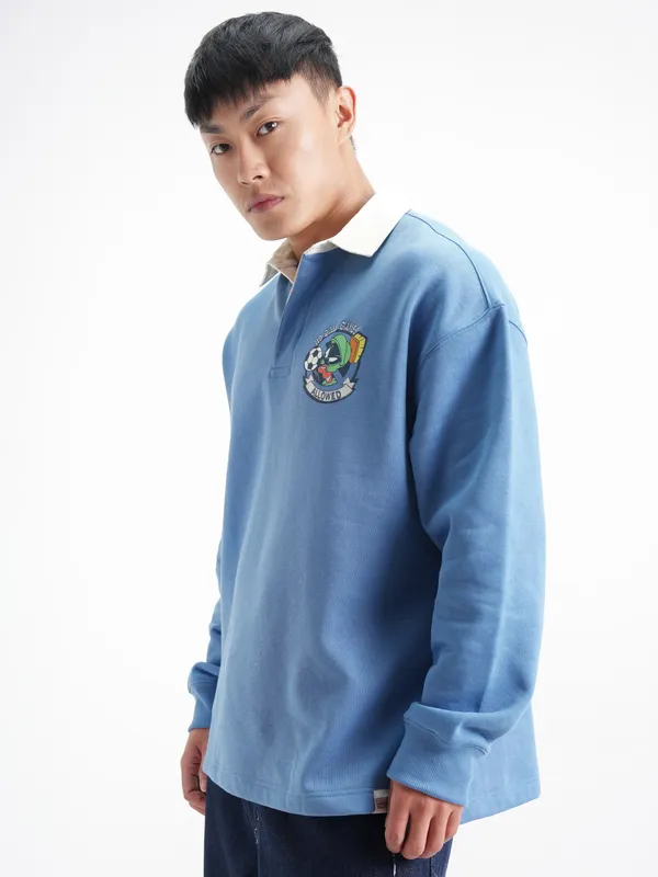 WB By Highlander Men Blue Looney Tunes Shirt Collar Pullover Sweatshirt