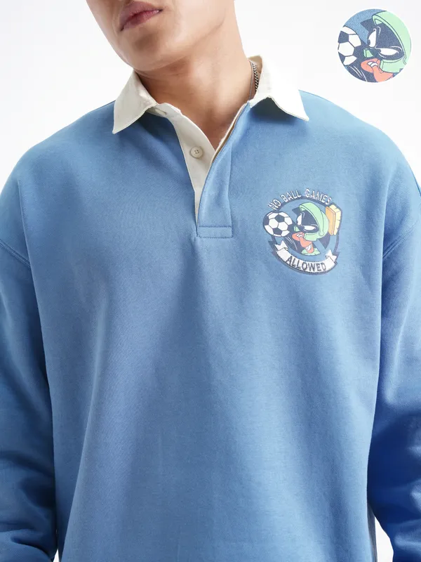 WB By Highlander Men Blue Looney Tunes Shirt Collar Pullover Sweatshirt