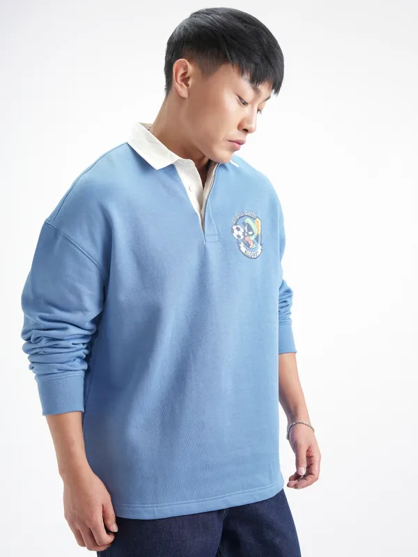 WB By Highlander Men Blue Looney Tunes Shirt Collar Pullover Sweatshirt