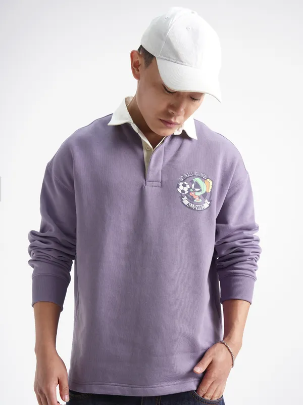 WB By Highlander Men Purple Looney Tunes Shirt Collar Pullover Sweatshirt