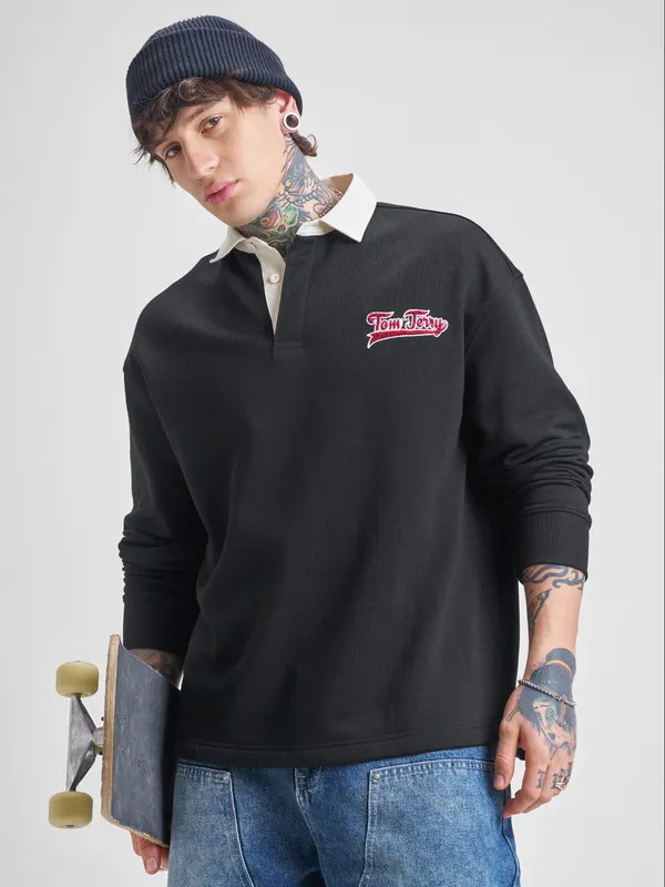 WB By Highlander Men Black Tom And Jerry Shirt Collar Pullover Sweatshirt