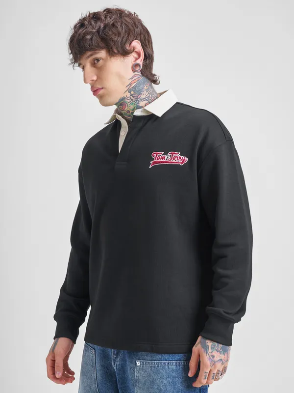 WB By Highlander Men Black Tom And Jerry Shirt Collar Pullover Sweatshirt