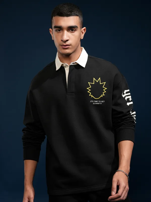 WB By Highlander Men Black Rick Sanchez Printed Polo Collar T-Shirt