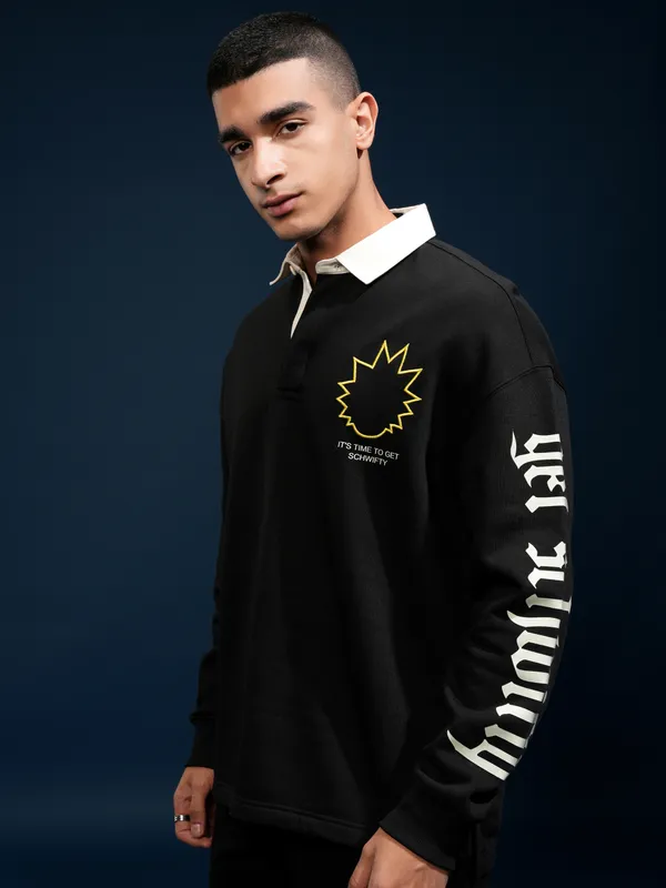 WB By Highlander Men Black Rick Sanchez Printed Polo Collar T-Shirt