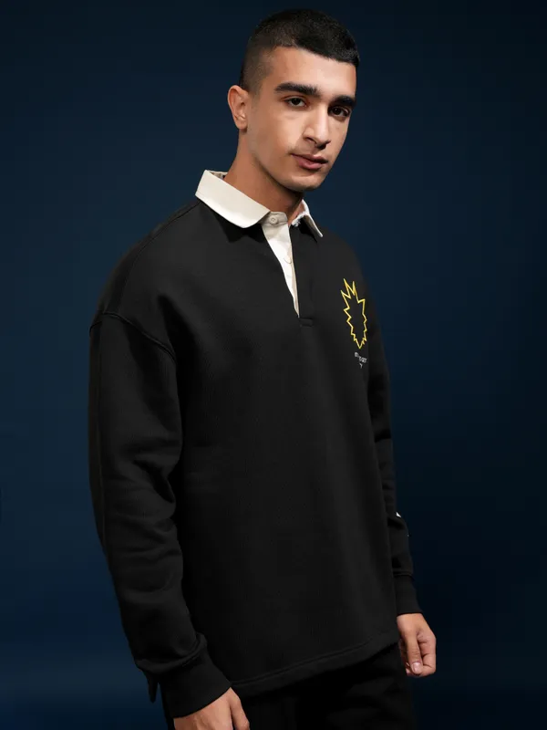 WB By Highlander Men Black Rick Sanchez Printed Polo Collar T-Shirt