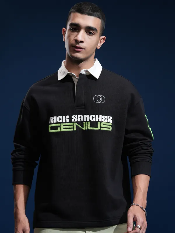 WB By Highlander Men Black Rick Sanchez Printed Polo Collar T-Shirt