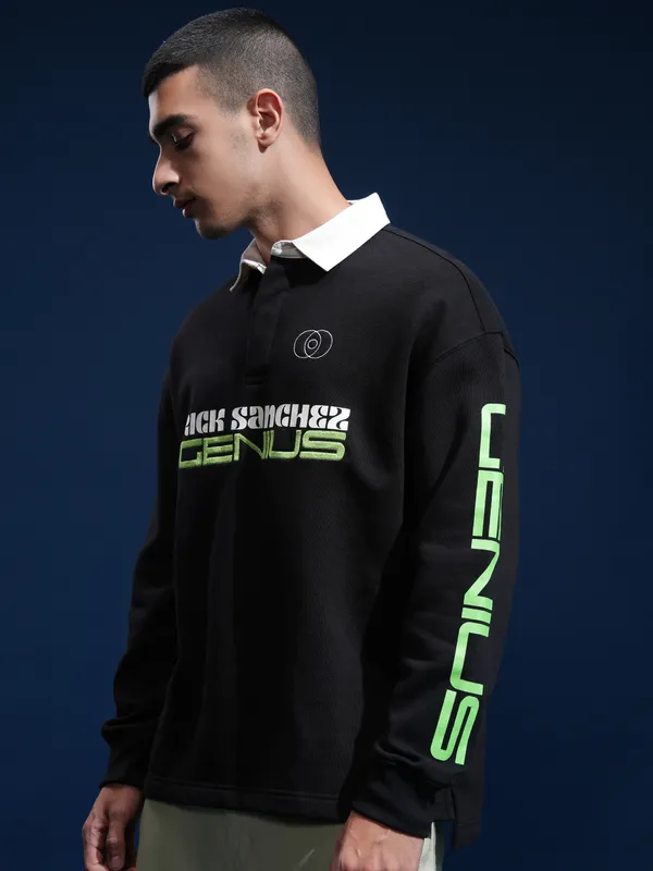 WB By Highlander Men Black Rick Sanchez Printed Polo Collar T-Shirt