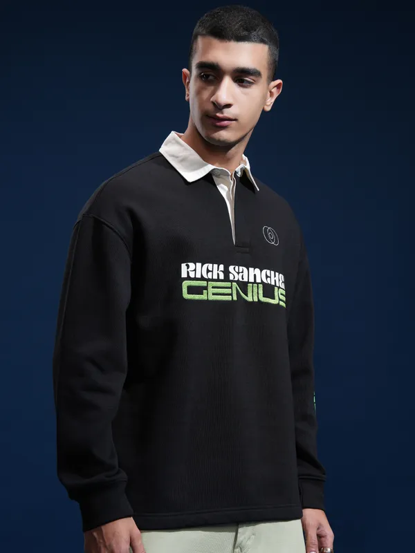 WB By Highlander Men Black Rick Sanchez Printed Polo Collar T-Shirt