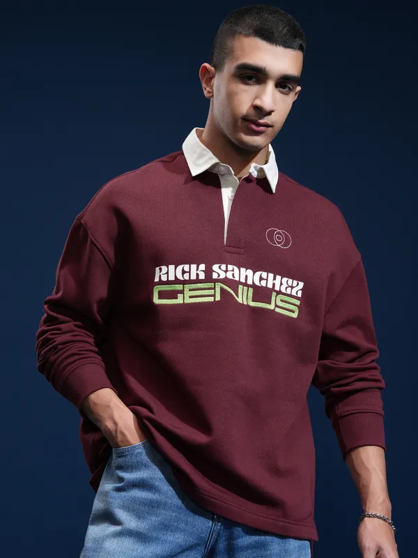 WB By Highlander Men Maroon Rick Sanchez Printed Polo Collar T-Shirt