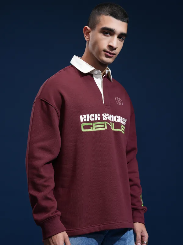 WB By Highlander Men Maroon Rick Sanchez Printed Polo Collar T-Shirt