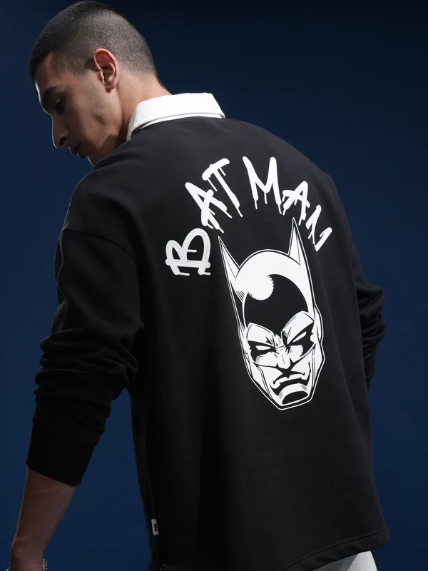 DC By Highlander Men Black Batman Printed Oversized Fit Polo Collar TShirt