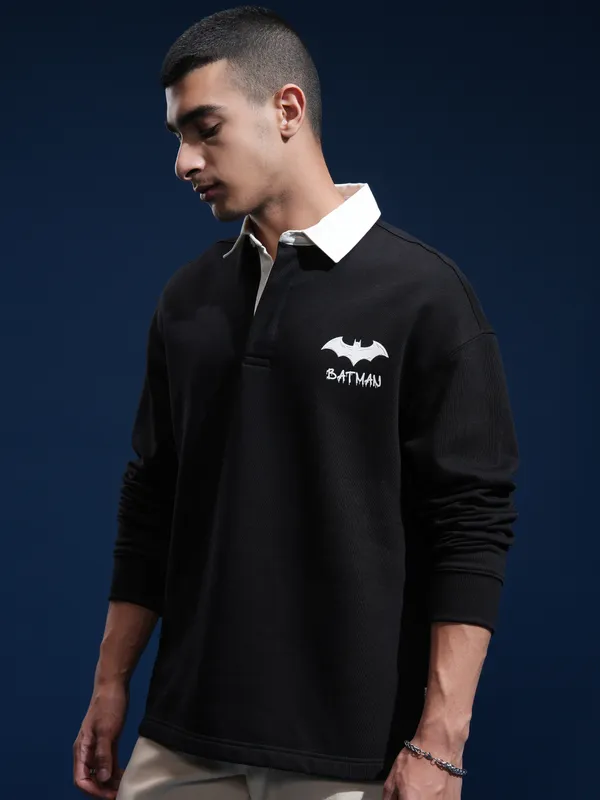 DC By Highlander Men Black Batman Printed Oversized Fit Polo Collar TShirt