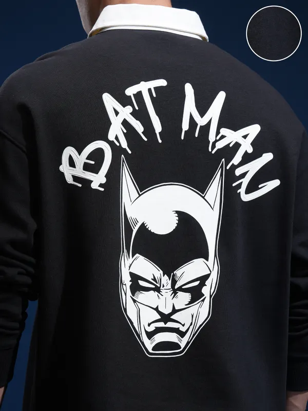 DC By Highlander Men Black Batman Printed Oversized Fit Polo Collar TShirt