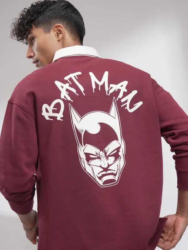 DC By Highlander Men Maroon Batman Printed Oversized Fit Polo Collar T-Shirt