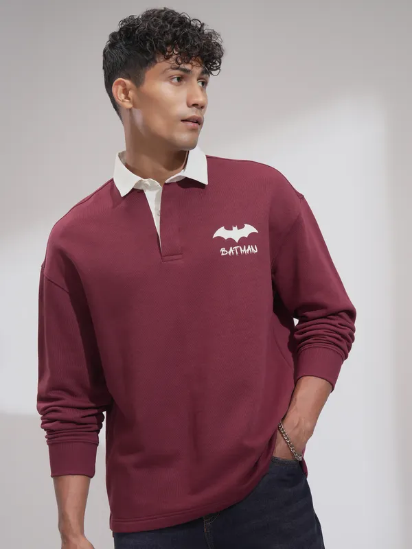 DC By Highlander Men Maroon Batman Printed Oversized Fit Polo Collar T-Shirt