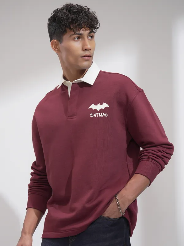DC By Highlander Men Maroon Batman Printed Oversized Fit Polo Collar T-Shirt