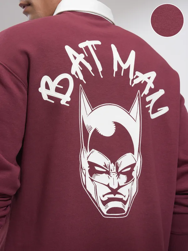 DC By Highlander Men Maroon Batman Printed Oversized Fit Polo Collar T-Shirt