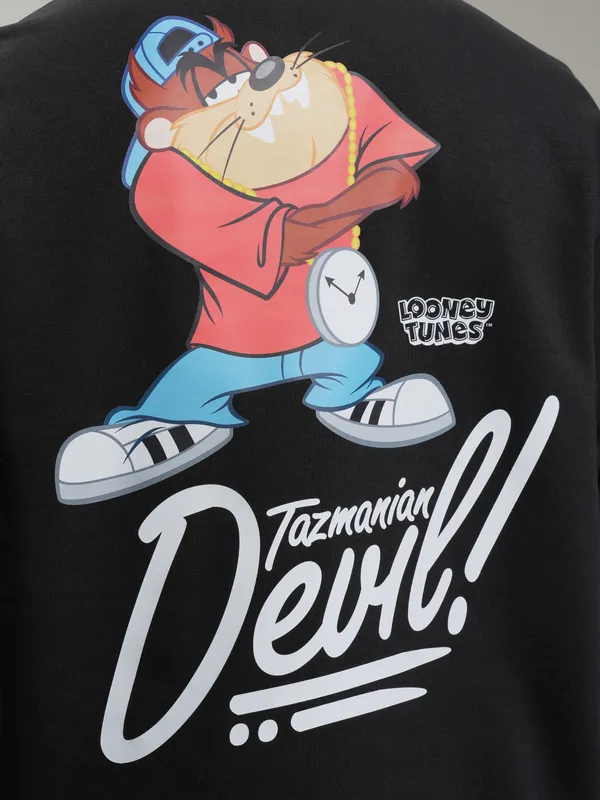 WB By Highlander Men Black Looney Tunes Printed Oversized Fit Polo Collar T-Shirt