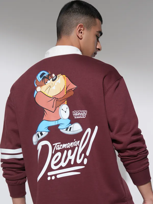 WB By Highlander Men Maroon Looney Tunes Printed Oversized Fit Polo Collar T-Shirt