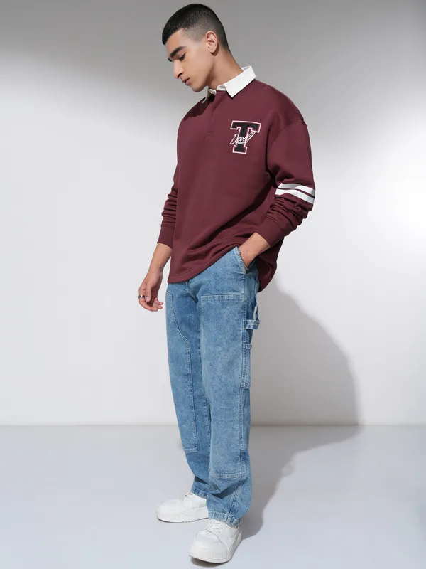 WB By Highlander Men Maroon Looney Tunes Printed Oversized Fit Polo Collar T-Shirt
