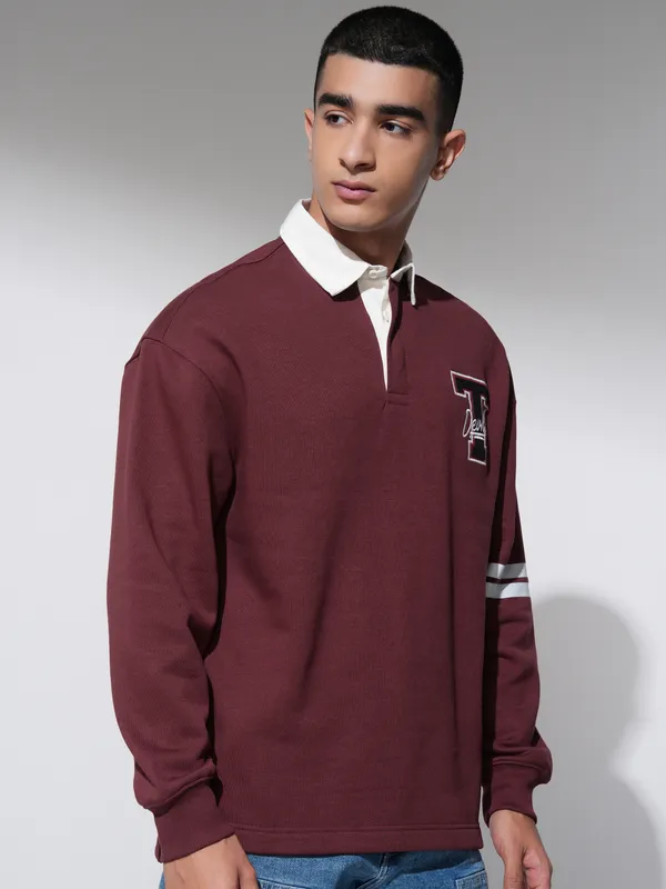 WB By Highlander Men Maroon Looney Tunes Printed Oversized Fit Polo Collar T-Shirt