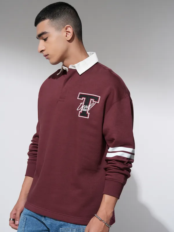 WB By Highlander Men Maroon Looney Tunes Printed Oversized Fit Polo Collar T-Shirt