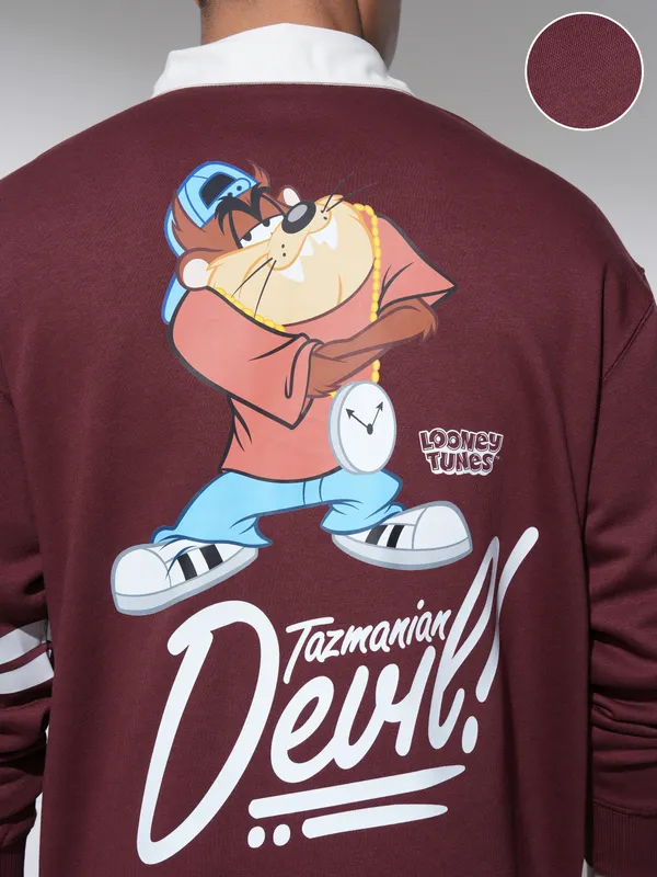 WB By Highlander Men Maroon Looney Tunes Printed Oversized Fit Polo Collar T-Shirt