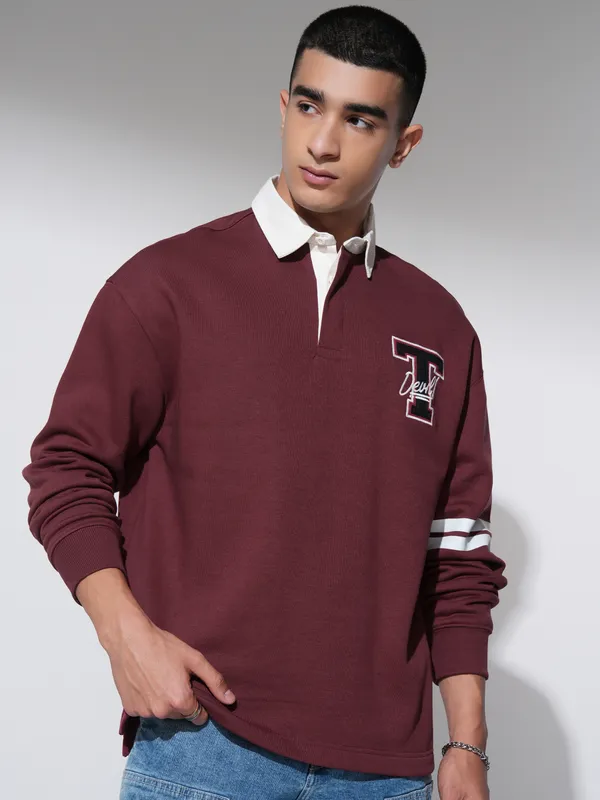 WB By Highlander Men Maroon Looney Tunes Printed Oversized Fit Polo Collar T-Shirt