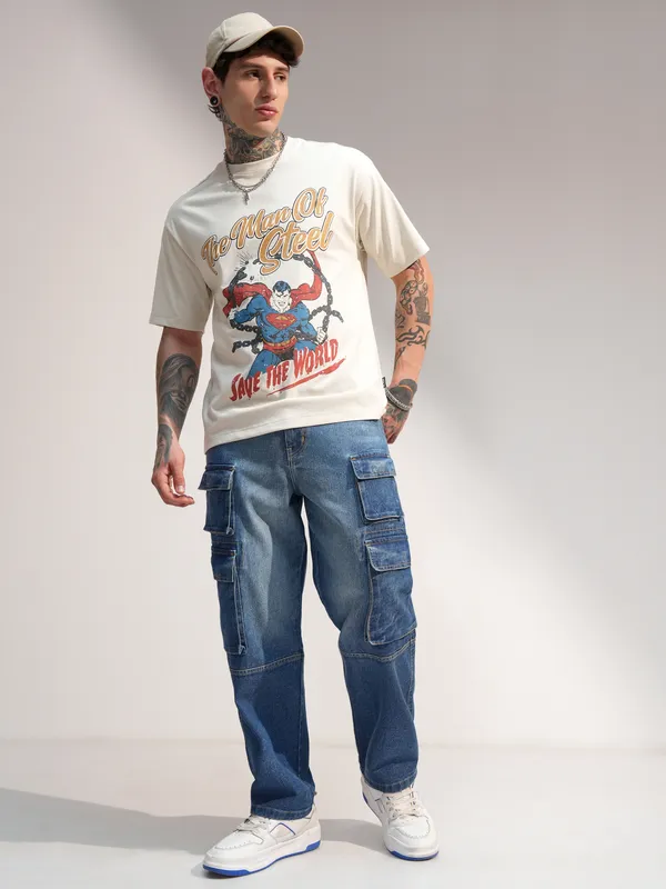DC By Highlander Men Cream Superman Printed Round Neck T-Shirt