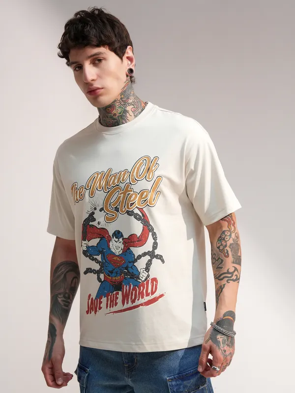 DC By Highlander Men Cream Superman Printed Round Neck T-Shirt