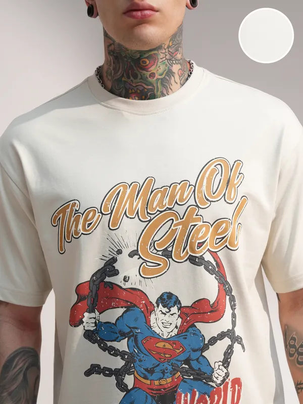 DC By Highlander Men Cream Superman Printed Round Neck T-Shirt