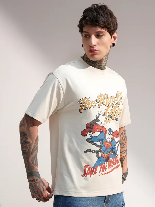 DC By Highlander Men Cream Superman Printed Round Neck T-Shirt