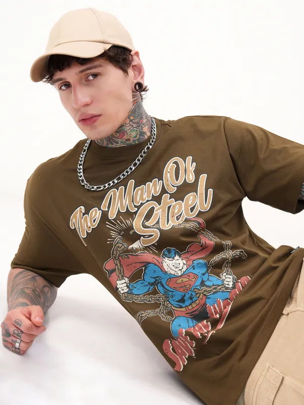 DC By Highlander Men Brown Superman Printed Round Neck Relaxed Fit T-Shirt