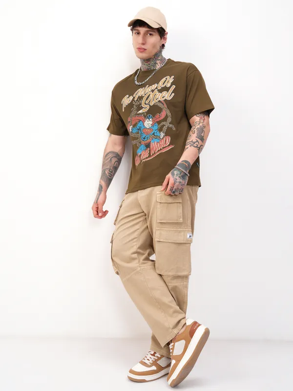 DC By Highlander Men Brown Superman Printed Round Neck Relaxed Fit T-Shirt