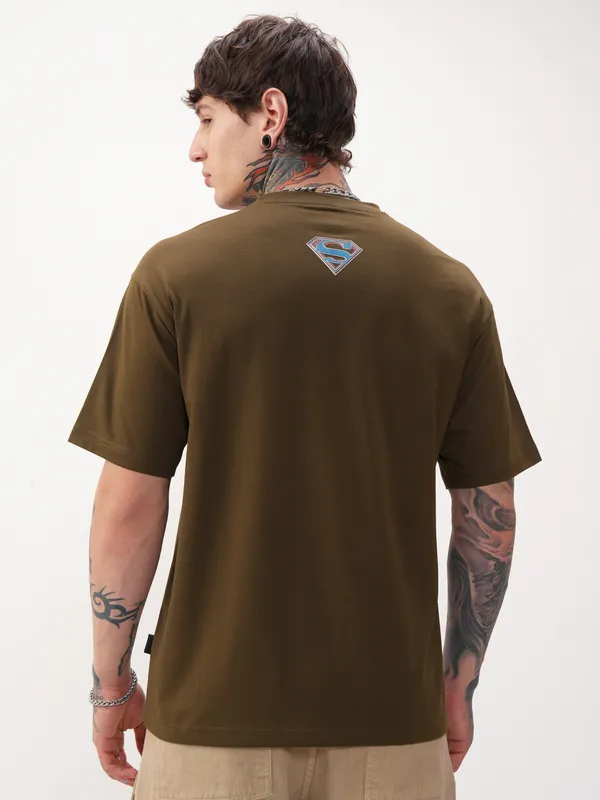 DC By Highlander Men Brown Superman Printed Round Neck Relaxed Fit T-Shirt