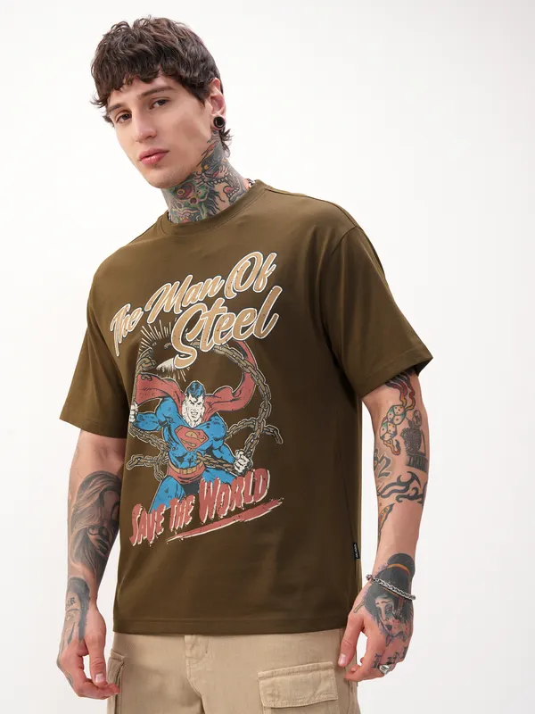 DC By Highlander Men Brown Superman Printed Round Neck Relaxed Fit T-Shirt